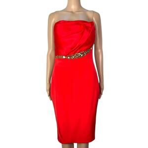 Marchesa Notte Red Strapless Jeweled Silk Embellished Bodycon Formal Party Dress